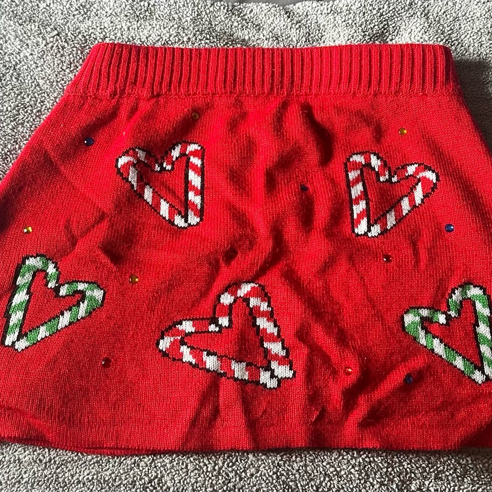 Christmas Festive Red Knit Skirt with Candy Cane Hearts and Sequins